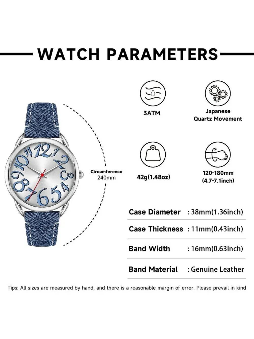 Women's Blue Big Arabic Numbers Dial Easy to Read Denim Leather Strap Watches